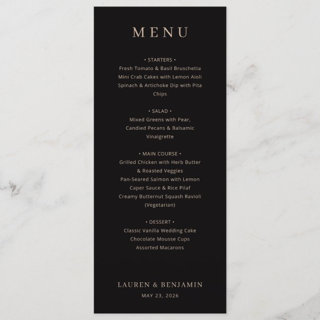 Elegant Black Serif Wedding Menu (Frente)