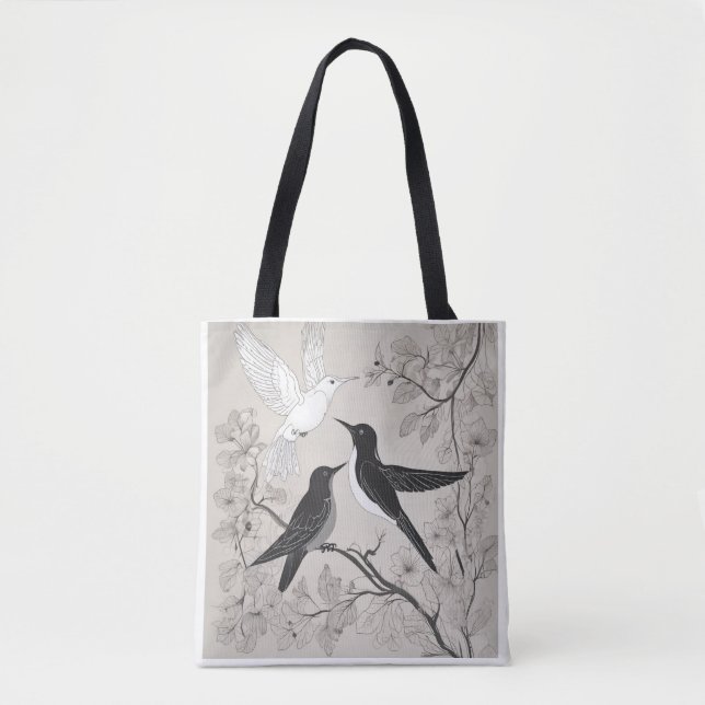Elegant Black & White Birds Floral Art Tote Bag (Frente)