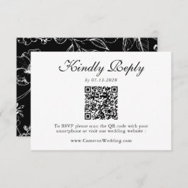 Elegant Black White Floral QR Code Wedding RSVP 