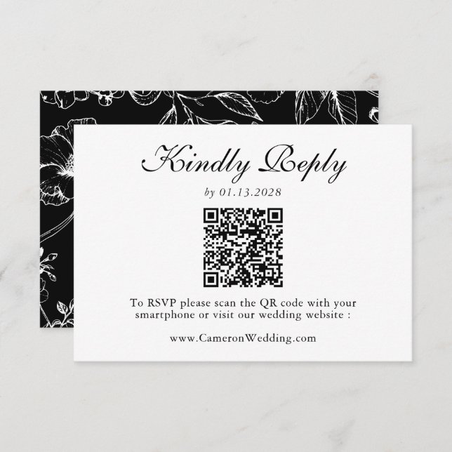 Elegant Black White Floral QR Code Wedding RSVP  (Frente/Verso)