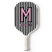 Elegant Black& White Stripes Pink Script Monogram