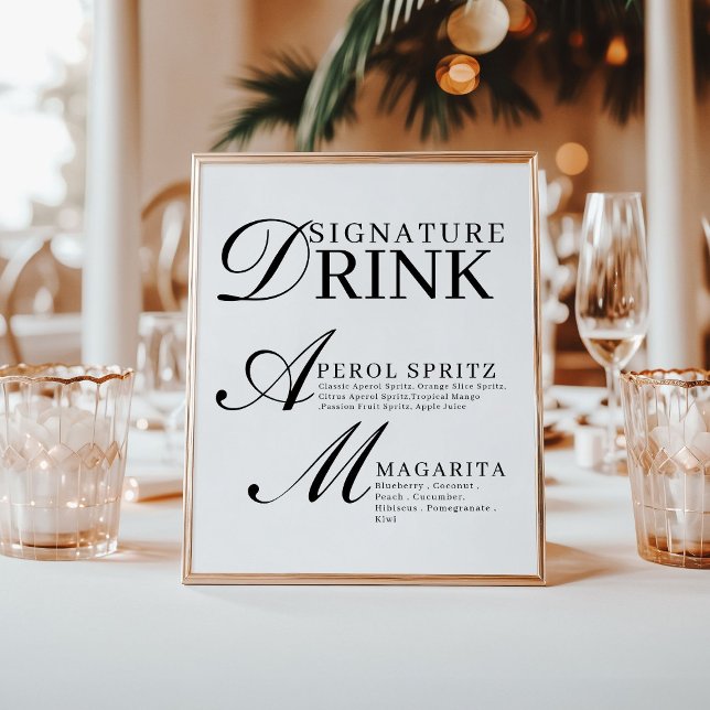 Elegant Black & White Wedding Signature Drink Sign (Criador carregado)