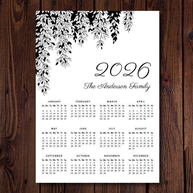 Elegant Black White Weeping Birch Calendar 2026 (Criador carregado)