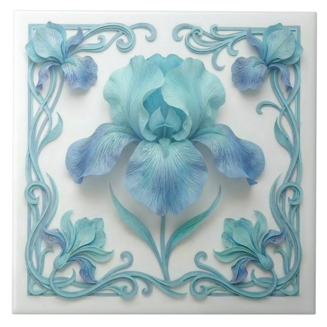 Elegant Blue Art Deco Stylized Lilies (Frente)