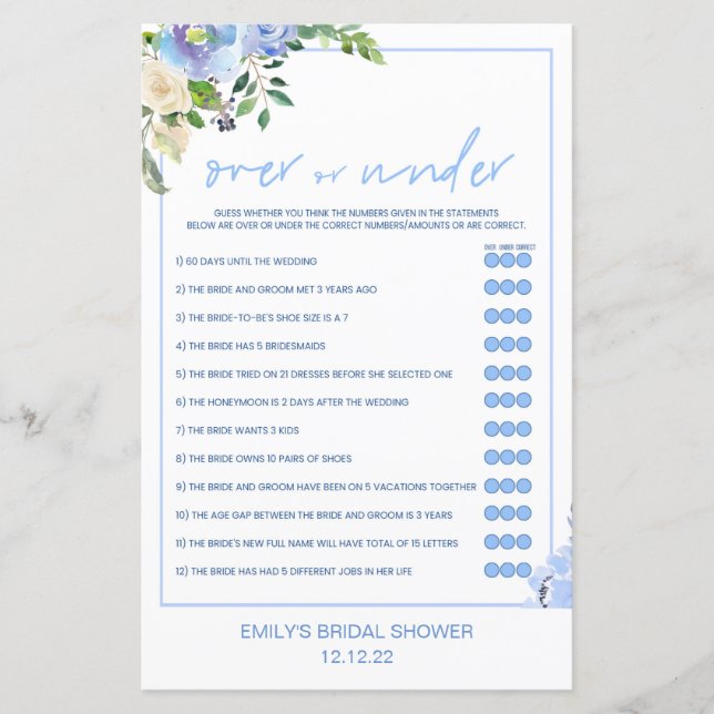 Elegant Blue Floral Bridal Shower Game Printed (Frente)