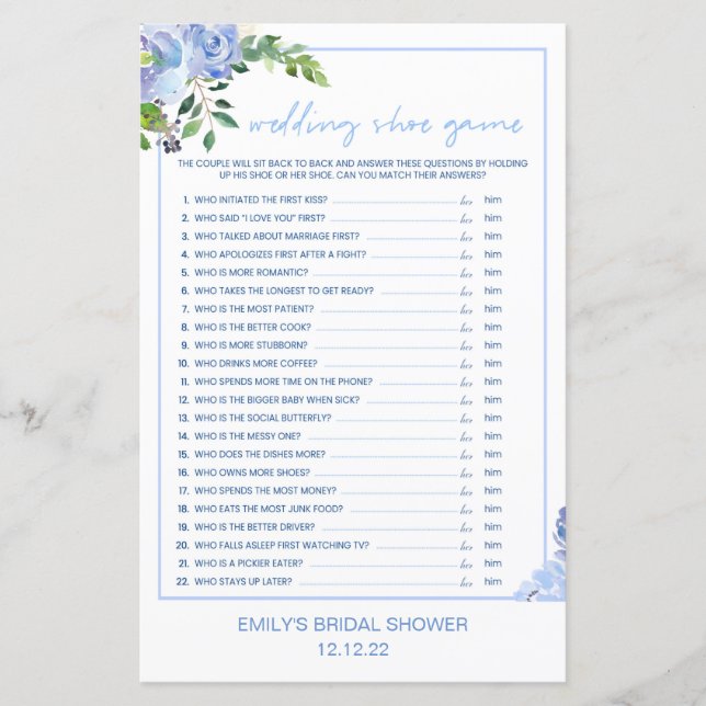 Elegant Blue Floral Bridal Shower Game Printed (Frente)