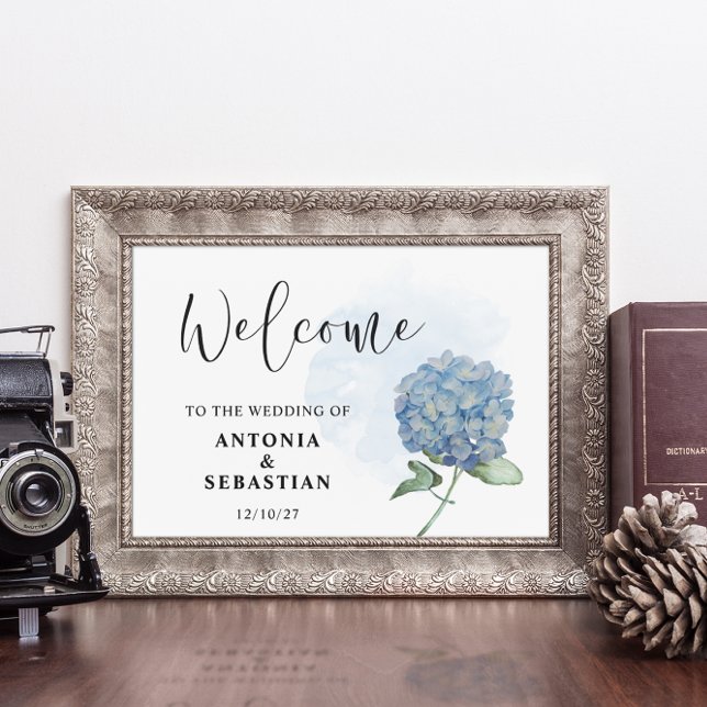Elegant Blue Floral Hydrangea Wedding Sign Poster (Criador carregado)