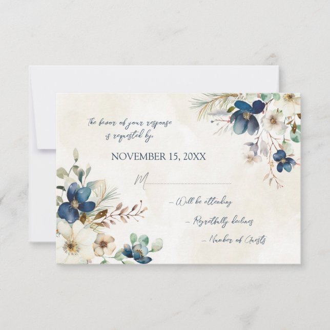 Elegant Blue Floral Winter RSVP Wedding Card (Frente)