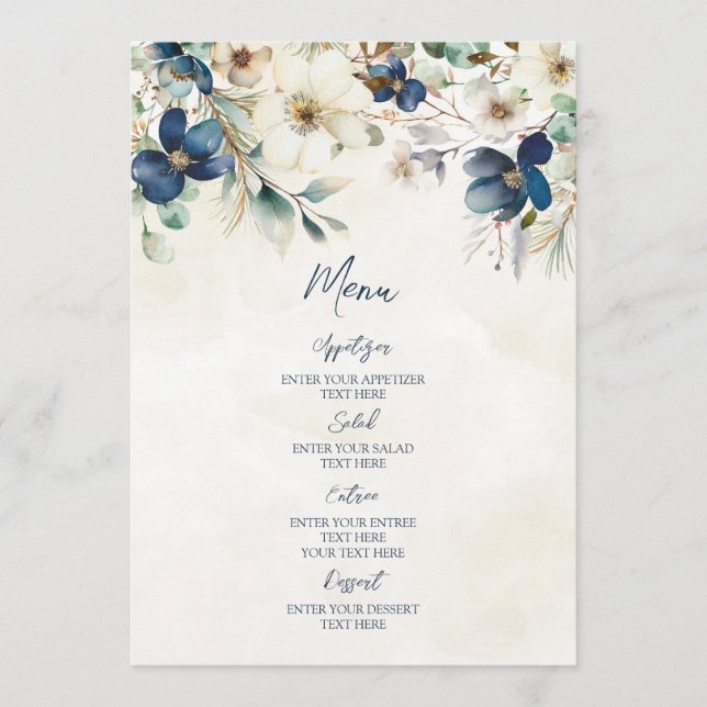 Elegant Blue Floral Winter Wedding Menu (Frente)