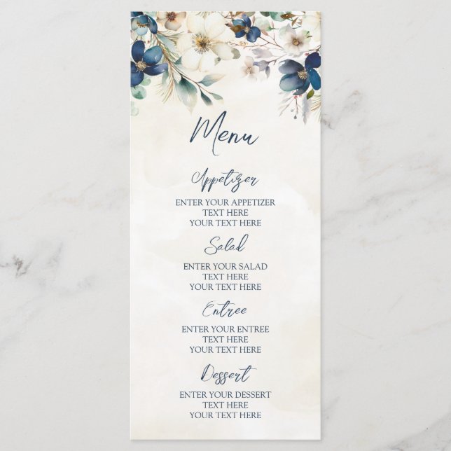 Elegant Blue Floral Winter Wedding Menu (Frente)