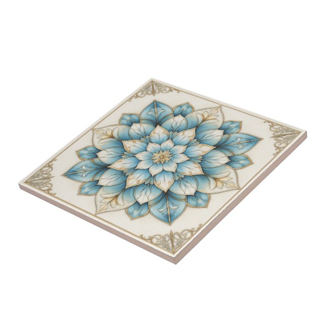 Elegant Blue Gold Floral Mandala Ceramic Tile (Lateral)