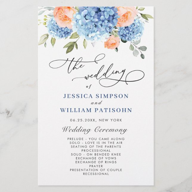 Elegant Blue Hydrangea Wedemony Program (Frente)