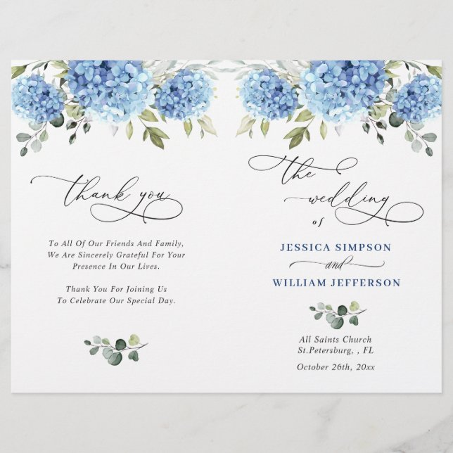 Elegant Blue Hydrangea Wedemony Program (Frente)