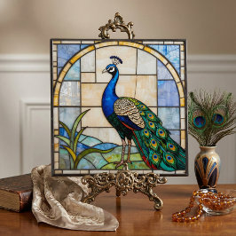 Elegant Blue Peacock Faux Stained Glass Mosaic Art