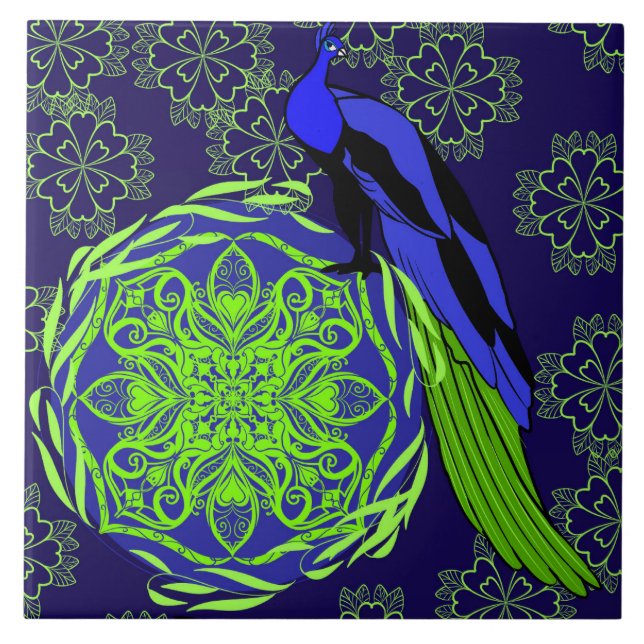 Elegant Blue Peacock with Green Mandala (Frente)
