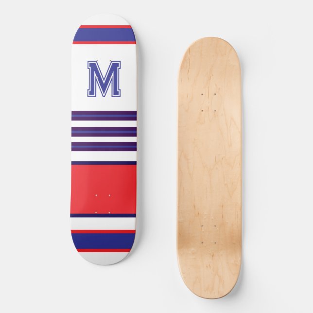 Elegant blue red white stripes monogram skateboard (Frente)