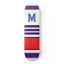 Elegant blue red white stripes monogram skateboard