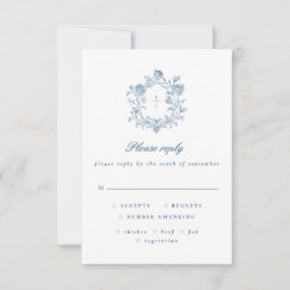 Elegant Blue Script Floral Crest Wedding RSVP