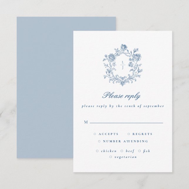 Elegant Blue Script Floral Crest Wedding RSVP (Frente/Verso)