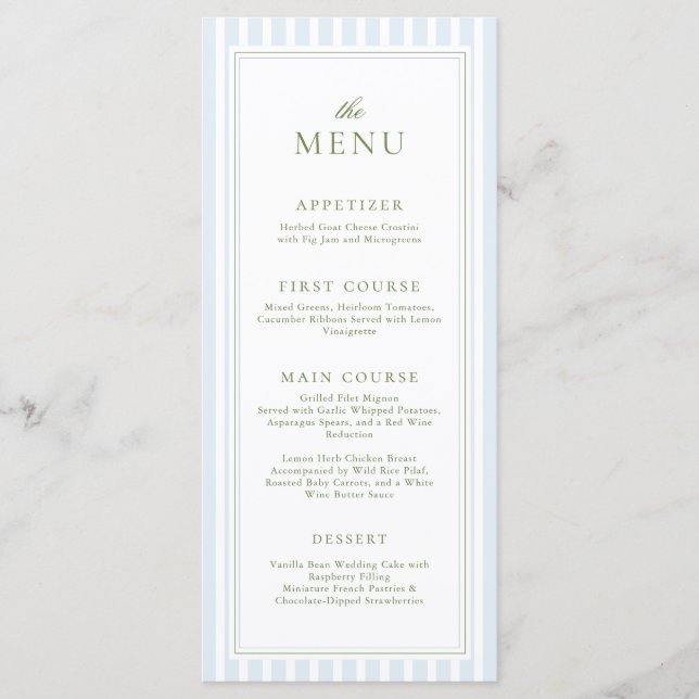 Elegant Blue Stripes Bridal Shower Menu (Frente)