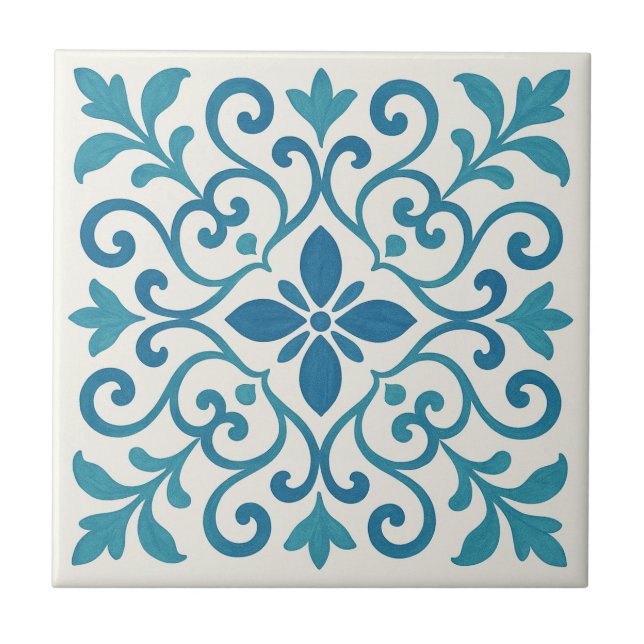 Elegant Blue & Turquoise Mediterranean Floral Tile (Frente)
