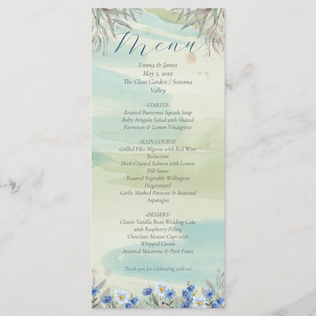 Elegant Blue Wildflower Frame Wedding Menu Card (Frente)