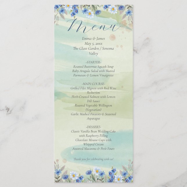 Elegant Blue Wildflower Frame Wedding Menu Card (Frente)