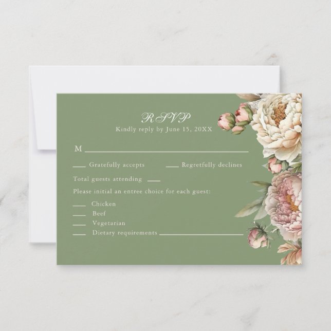 Elegant Blush and Sage Green Peonies RSVP Card (Frente)