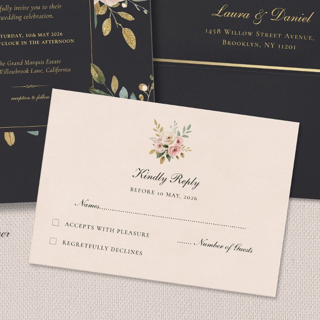 Elegant Blush Gold Floral Wedding RSVP Card (Criador carregado)