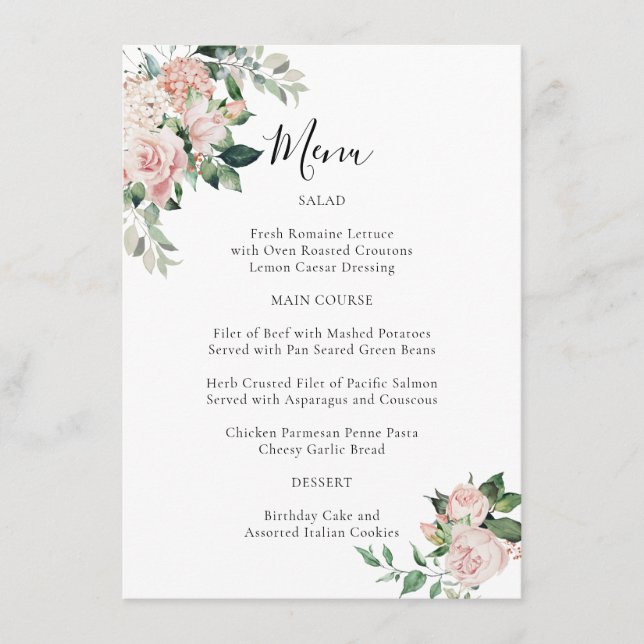 Elegant Blush Pink Floral Special Occasion Menu (Frente)