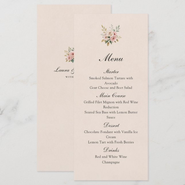 Elegant Blush Pink Gold Roses Wedding Flat Menu (Frente/Verso)