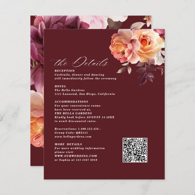 Elegant Bouquet Burgundy Wedding Enclosure Cards (Frente/Verso)