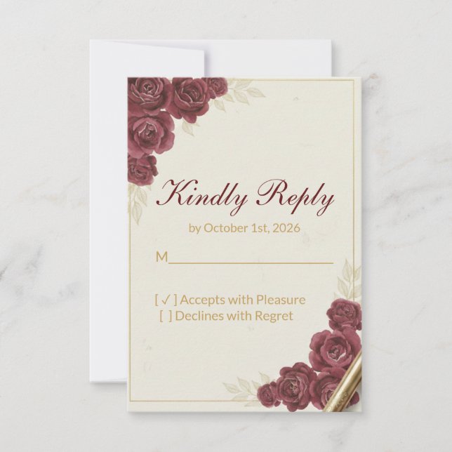 Elegant Burgundy Floral and Gold Wedding RSVP Card (Frente)