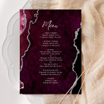Elegant Burgundy Silver Agate Wedding Menu<br><div class="desc">This elegant modern wedding menu features a burgundy red watercolor agate background trimmed with faux silver glitter. The customizable text combines silver gray handwriting script and copperplate fonts. The reverse side features a matching burgundy and silver agate design.</div>