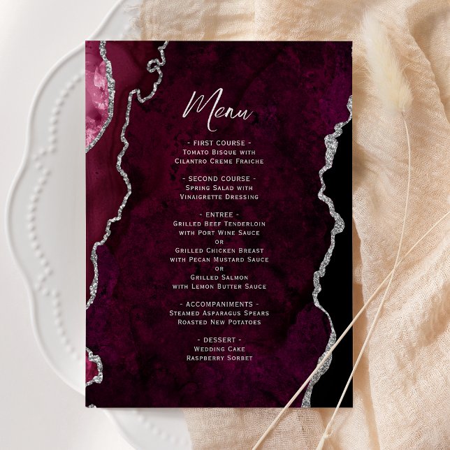 Elegant Burgundy Silver Agate Wedding Menu (Criador carregado)