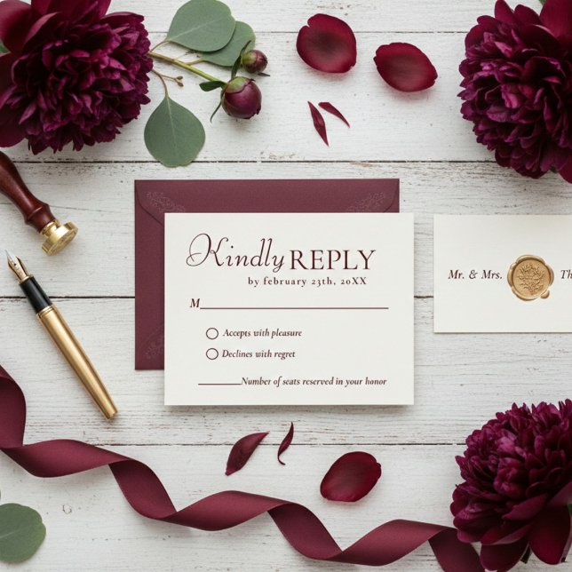 Elegant & Chic Burgundy wedding RSVP Card (Criador carregado)