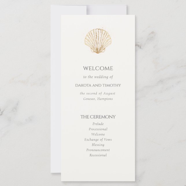 Elegant Coastal gold Seashell Wedding Program (Frente)