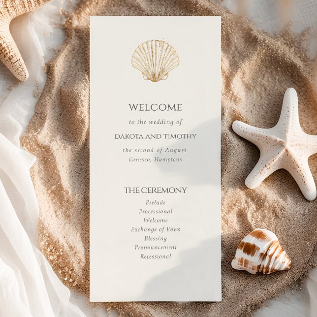 Elegant Coastal gold Seashell Wedding Program (Criador carregado)