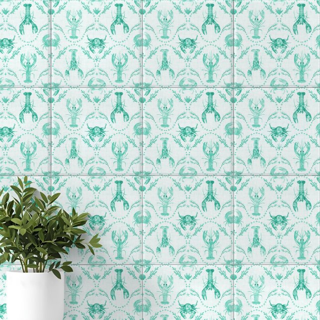Elegant Coastal Lobster and Crabs in Mint Green (Elegant Coastal Lobster and Crabs in Mint Green Ceramic Tile)