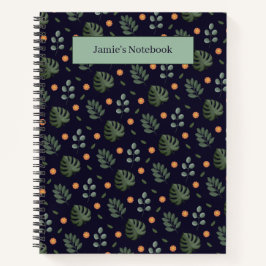 Elegant Custom Name Navy Botanical Notebook