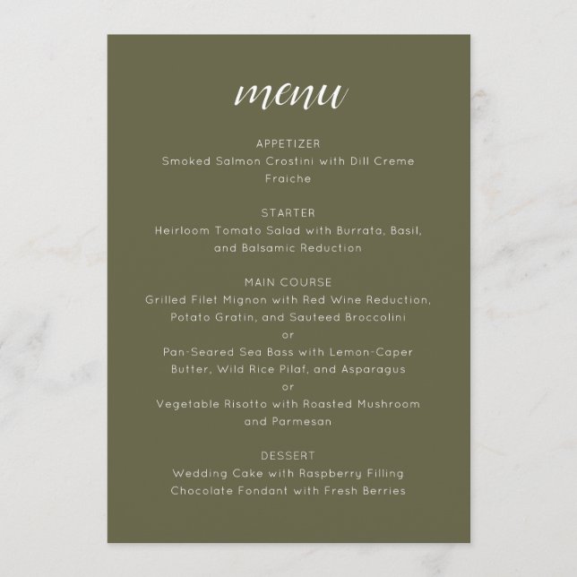 Elegant Custom Wedding Menu Template Olive Moss (Frente)
