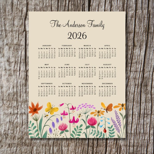 Elegant Cute Watercolor Wildflowers Calendar 2026 (Criador carregado)