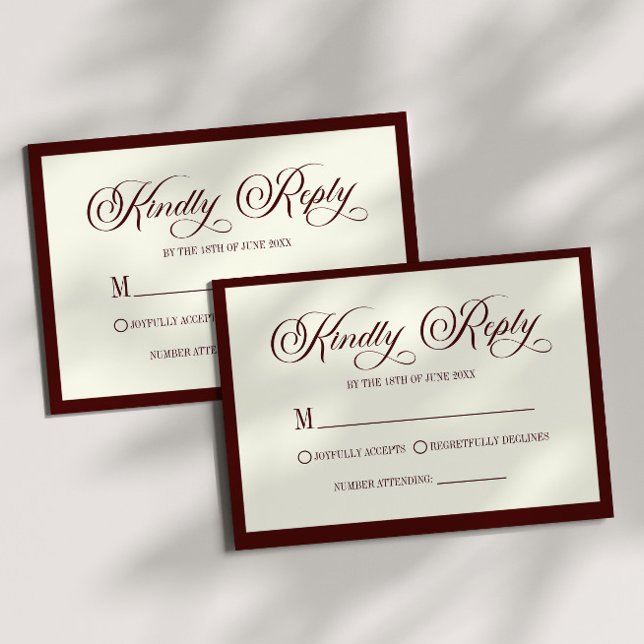 Elegant Dark Burgundy Ivory Wedding RSVP Card (Criador carregado)