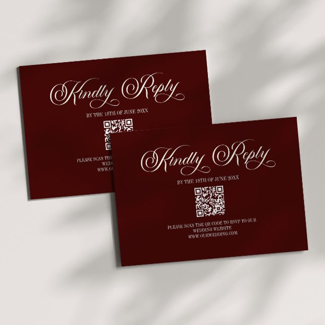 Elegant Dark Burgundy Wedding QR Code RSVP Card (Criador carregado)