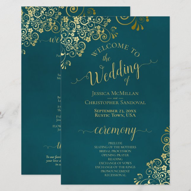 Elegant Dark Teal & Gold Budget Wedding Program (Frente/Verso)