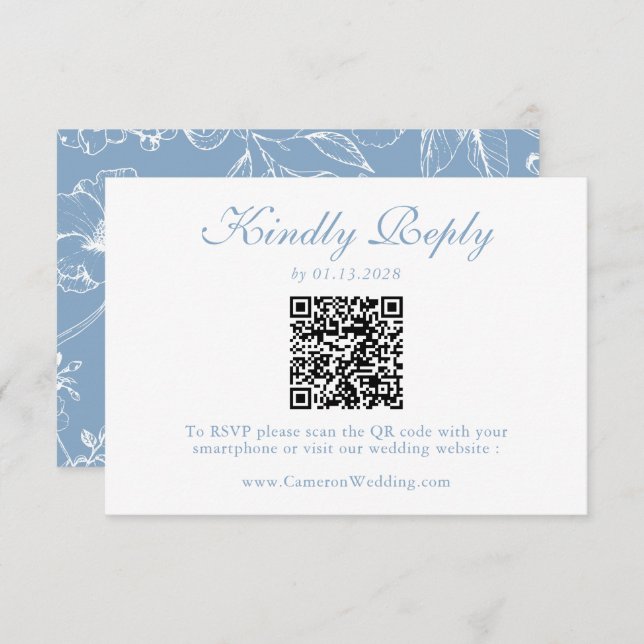 Elegant Dusty Blue Floral QR Code Wedding RSVP  (Frente/Verso)