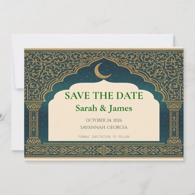 Elegant Emerald and Gold Arch Save the Date  (Frente)