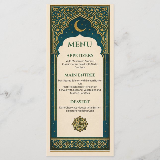 Elegant Emerald & Gold Ornate Arch Wedding Menu (Frente)