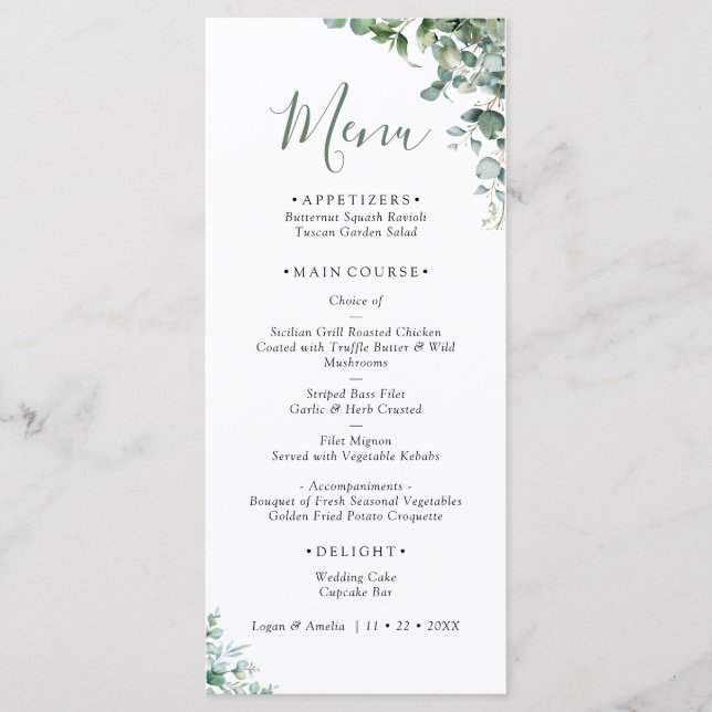 Elegant Eucalyptus Greenery Wedding Menu (Frente)