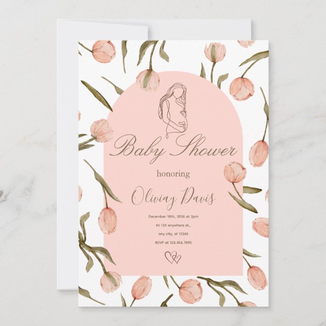 Elegant Floral Baby Shower Invitation – Pink Tulip (Frente)